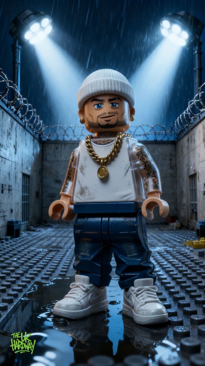 LEGO Avatar Burn standing alone in a rain-soaked p...