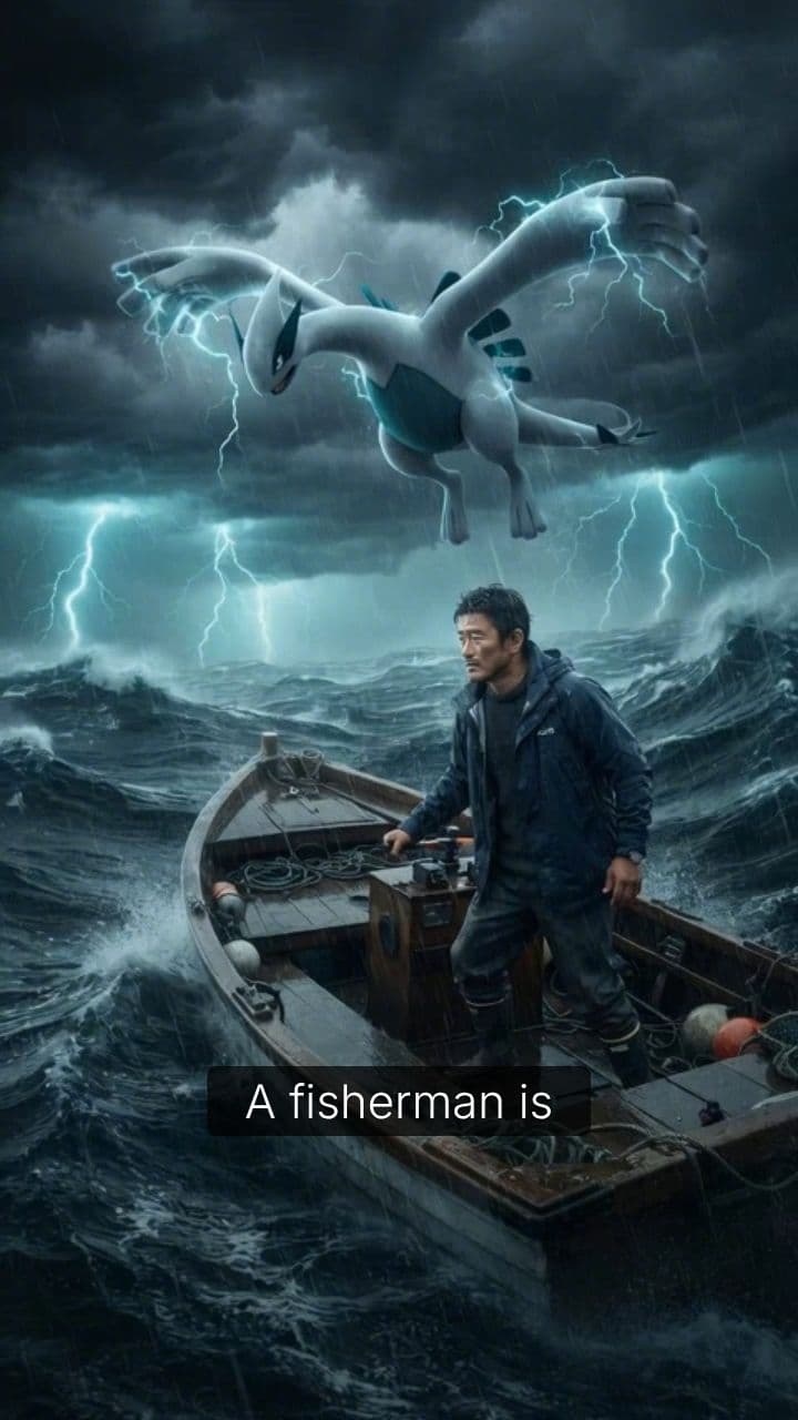 Lugia Guides the Fisherman Through the Storm