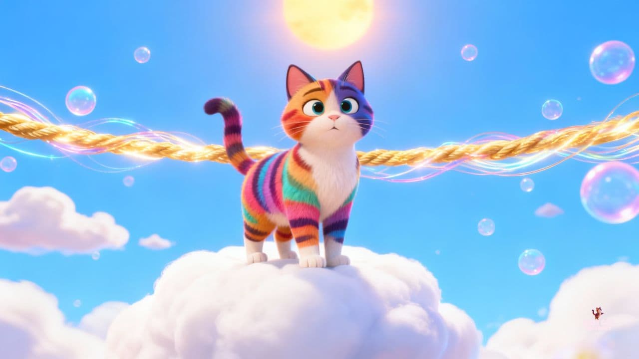 Gatitos brincando en cuerda brillante