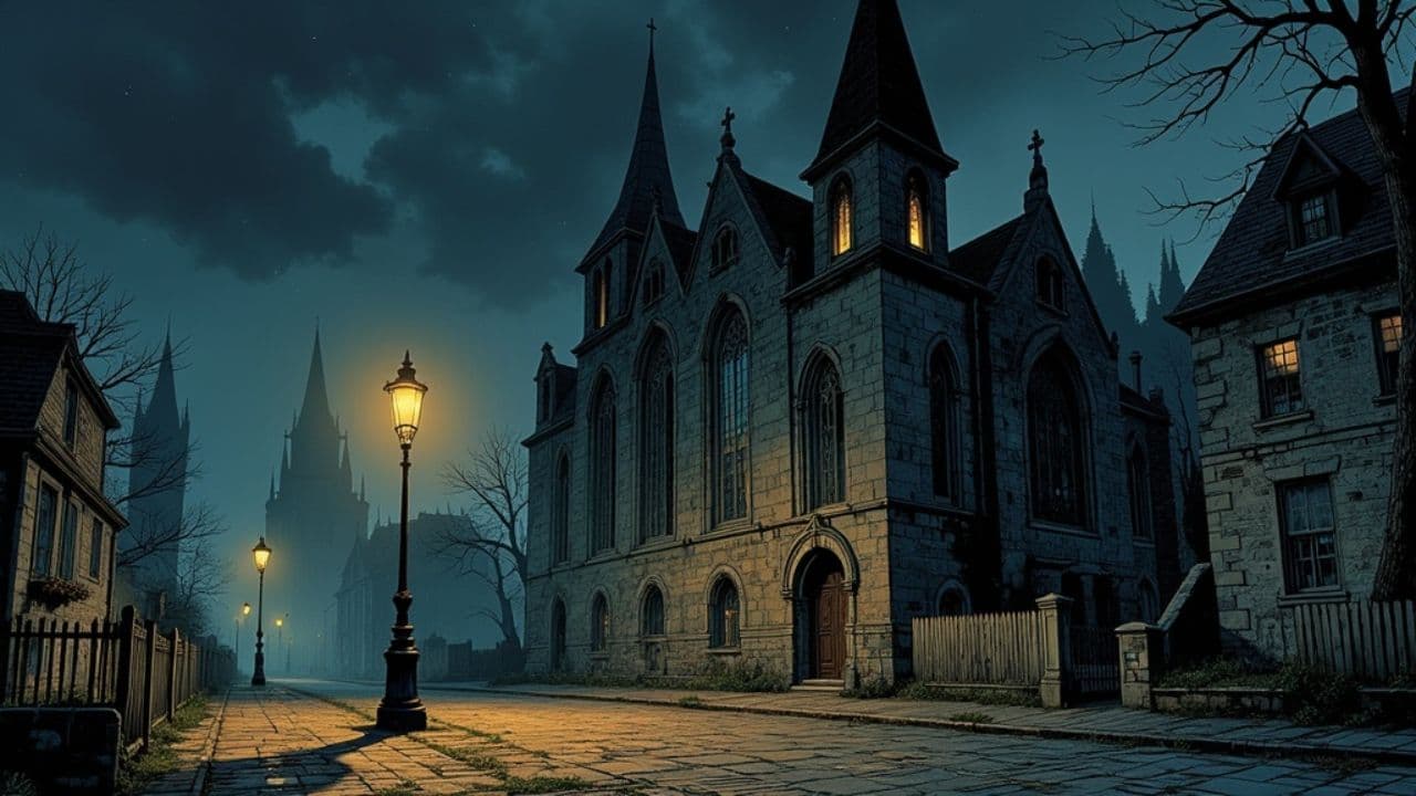 Nighttime Church and Street Lamp