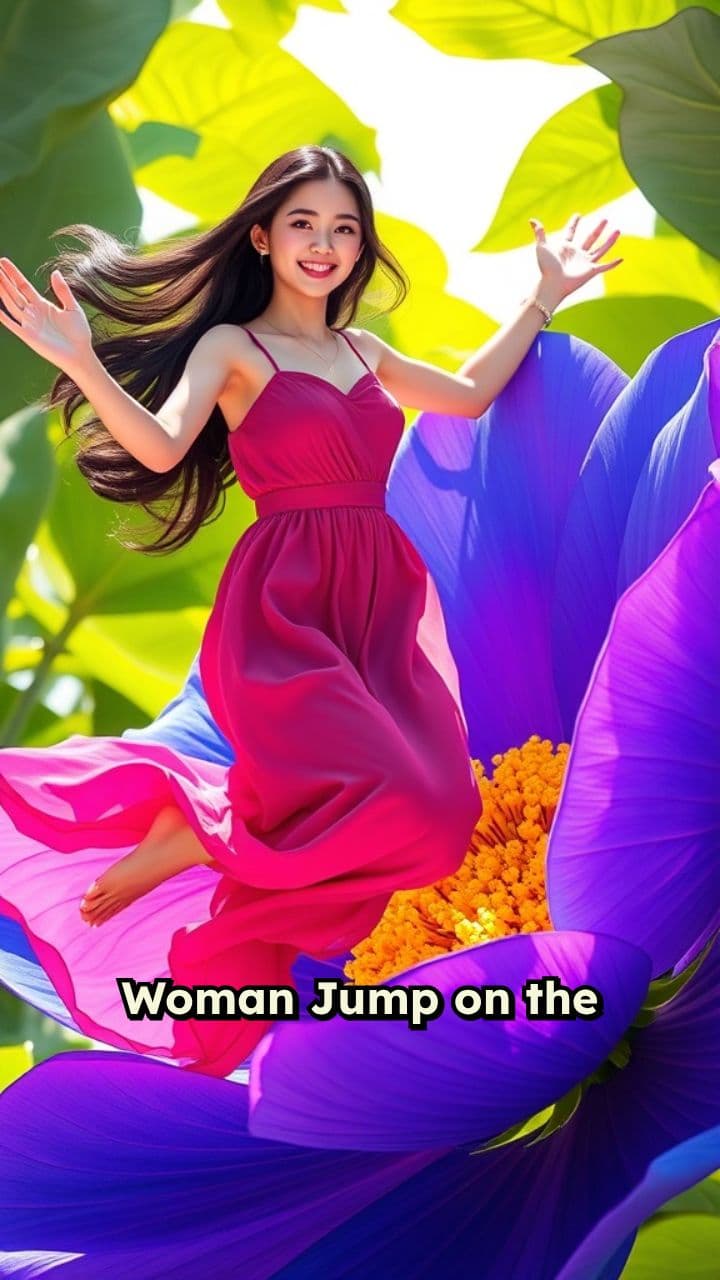 Woman Leaps Among Giant Flowers