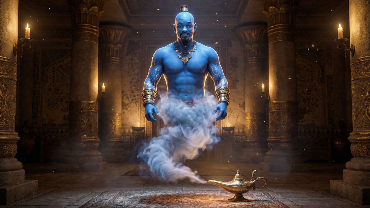 Majestic Genie Emerges from Golden Lamp