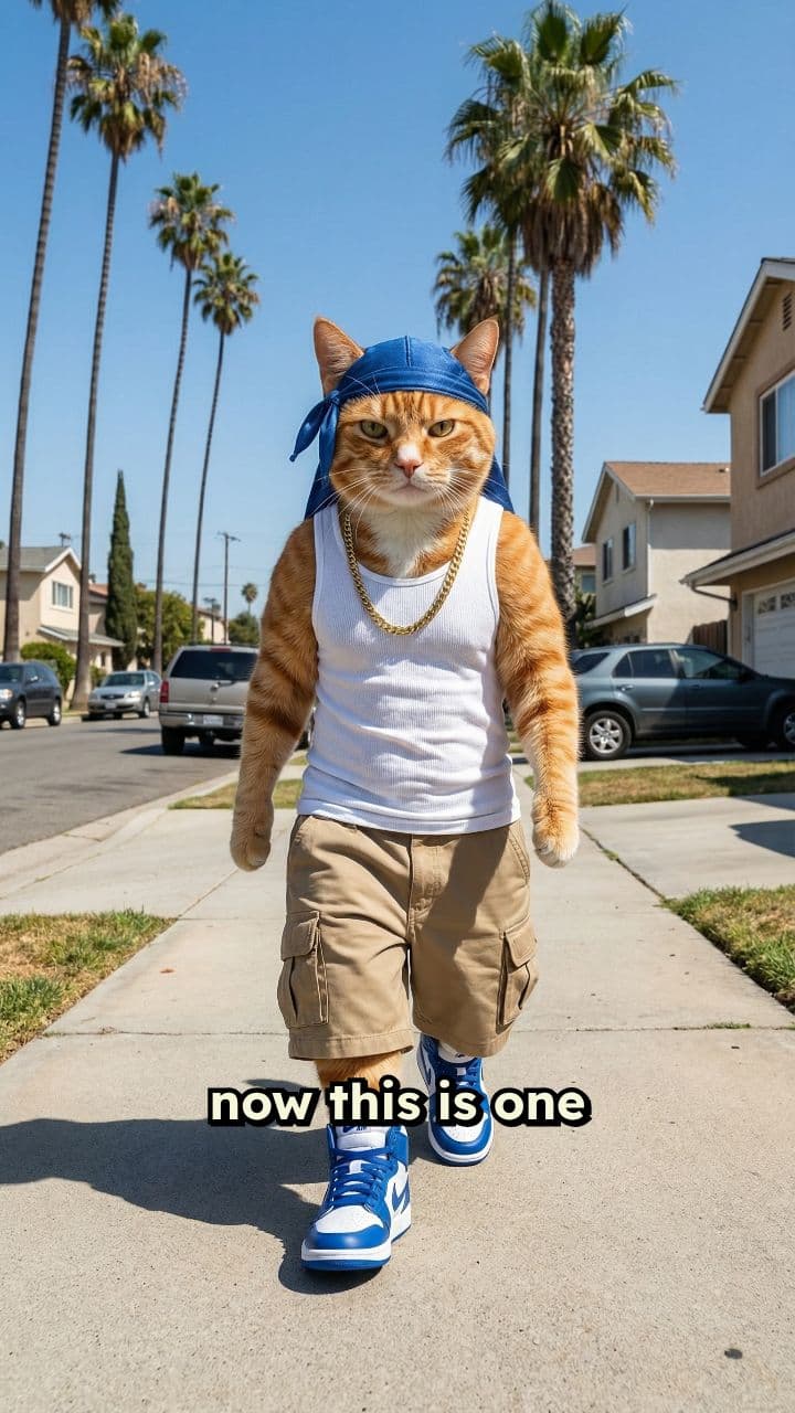 Cholo Cat Walks LA Sidewalk