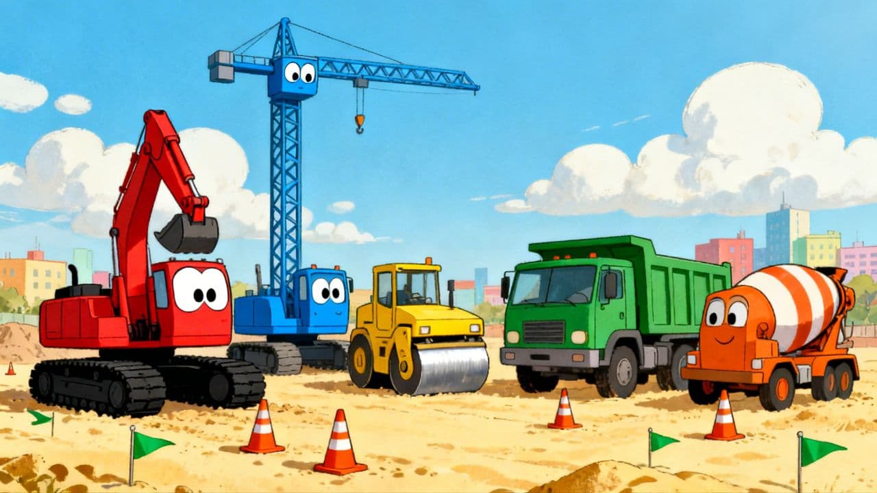 Fünf kleine Baustellenfahrzeuge