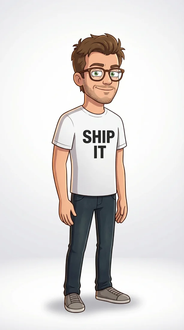 Full-body reference sheet of the Tibo character in a SHIP IT tee